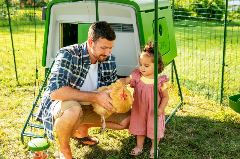Ein kleines Mädchen und ihr Vater streicheln ein Huhn vor dem Eglu Cube