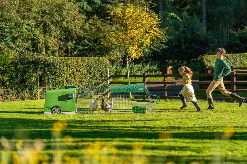 Ein Mädchen und ein Junge laufen auf einen Eglu Go Hühnerstall mit angeschlossenem Auslauf zu