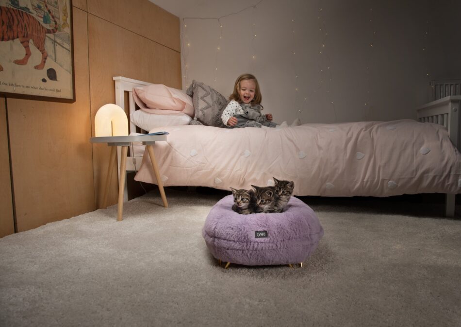 Ein Mädchen sitzt auf dem Bett und schaut Katzenkindern auf dem Maya Donut Katzenbett in Puderlila zu