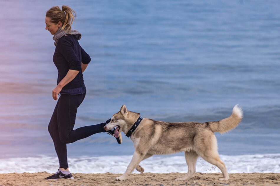 Eine Frau beim Joggen am Strand mit ihrem Hund