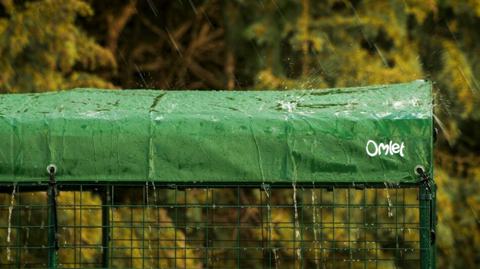 Regen fällt auf die Abdeckung des Walk In Run – Begehbaren Hühnergeheges von Omlet
