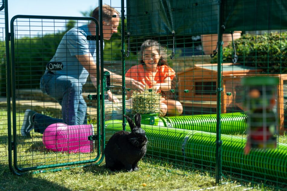 Ein Kaninchenhalter und ein Mädchen mit einem Kaninchen und dem Omlet Tunnelsystem für Kaninchen