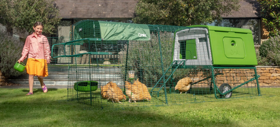 Ein Mädchen und ihre Hühner im Eglu Cube Auslauf im Sommer 