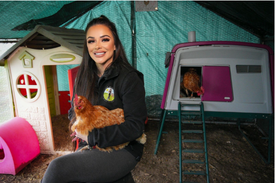 Omlet trifft Kat, Hühnerhotelierin der Extraklasse mit einem Huhn und einem lilafarbenen Eglu Cube für ihr Hühnerhotel