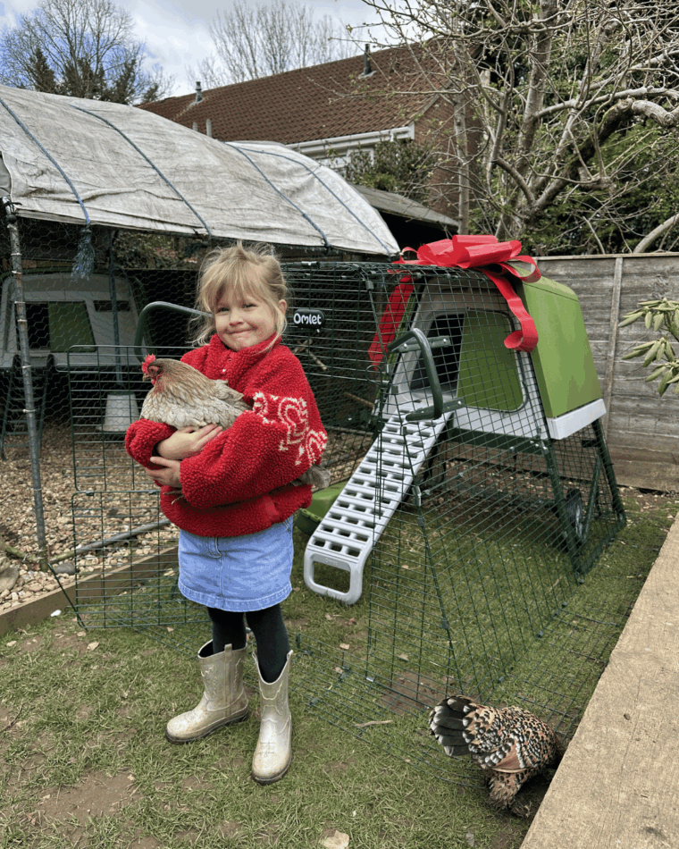 Ein kleines Mädchen mit einem Huhn auf dem Arm; im Hintergrund steht der neue Hühnerstall