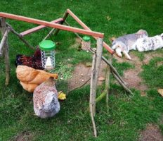 Kaninchen und Hühner im Freien zusammen mit ihrem Caddi Leckerbissen Halter